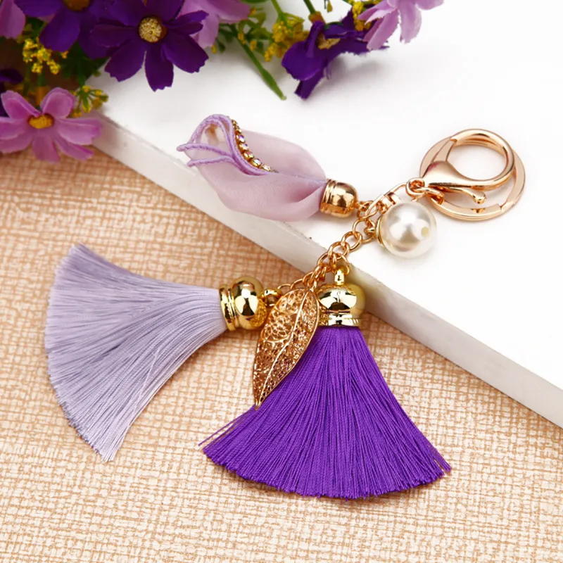 Rhinestone Tassel Key Chains Cloth Tulip Flower Leaf Keychains