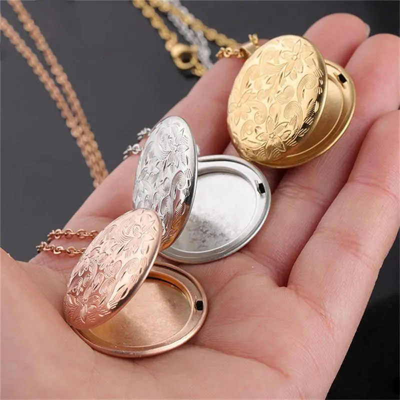 Vintage Engraved Flowers Round Necklace 3 Color Stainless Steel DIY Picture Frame Photo Locket Pendant Necklace for Women Fashion Jewelry