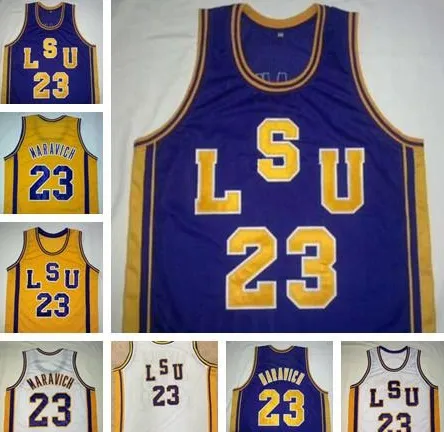 Benutzerdefinierte Basketball NCAA # 23 Pete Maravich LSU Tiger Vintage Jerseys lila weiß gelb Retro College Basketball genäht Männer Kinder Jugendgröße S-4XL