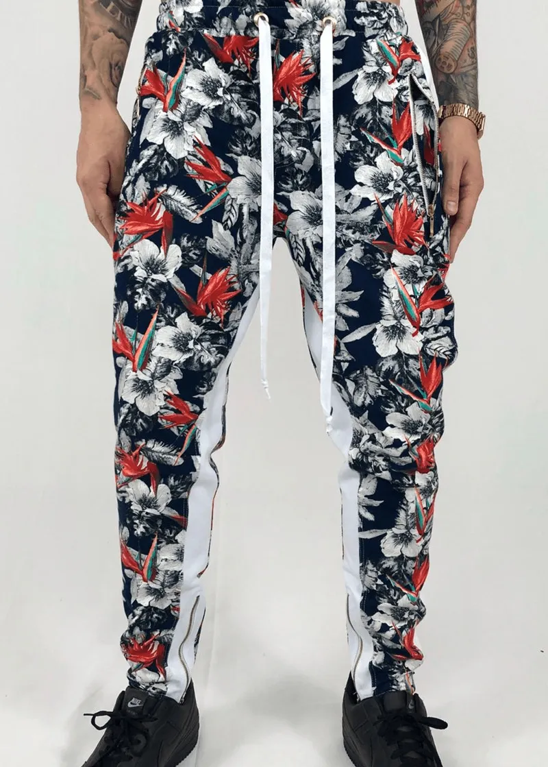 Herrbyxor Män Hawaiian Sweatpants Casual Elastic Printed Sweat Hip Hop Byxor Ripped Slim High Street