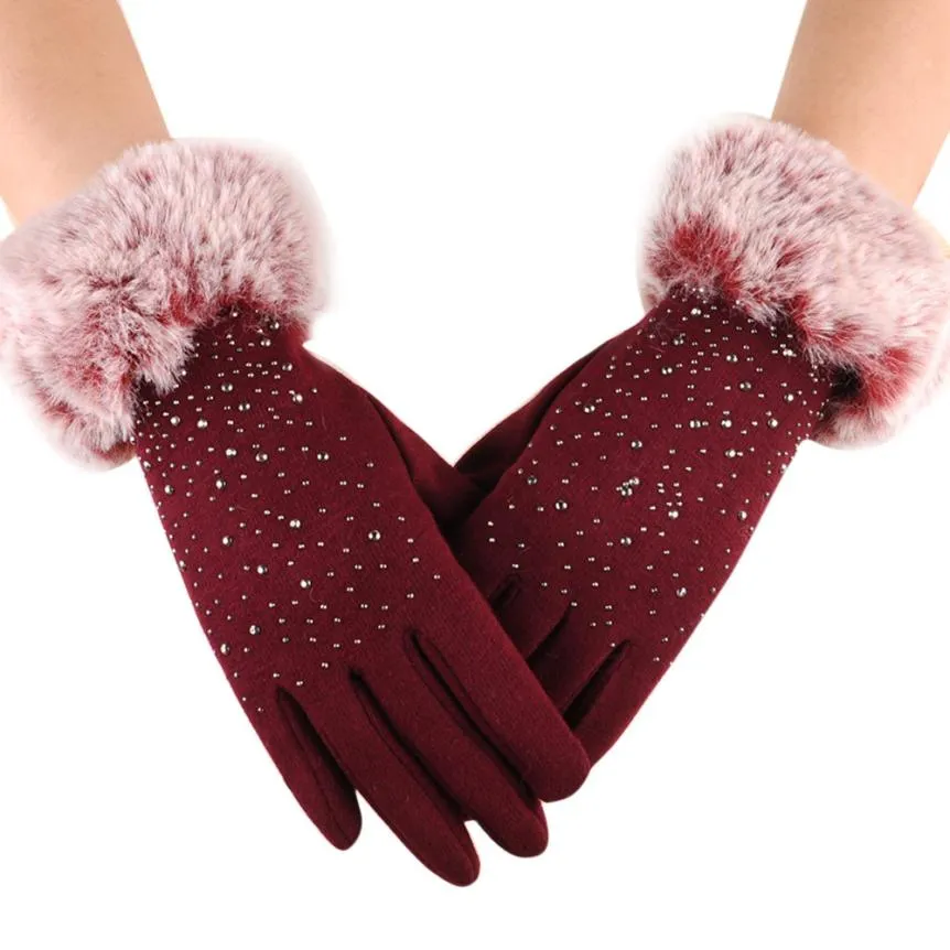 Fashion-Fashion Mittens Women Winter Outdoor Thicken Warm Gloves Female Patchwork Faux Fur Finger Gloves Luvas Feminina #VE