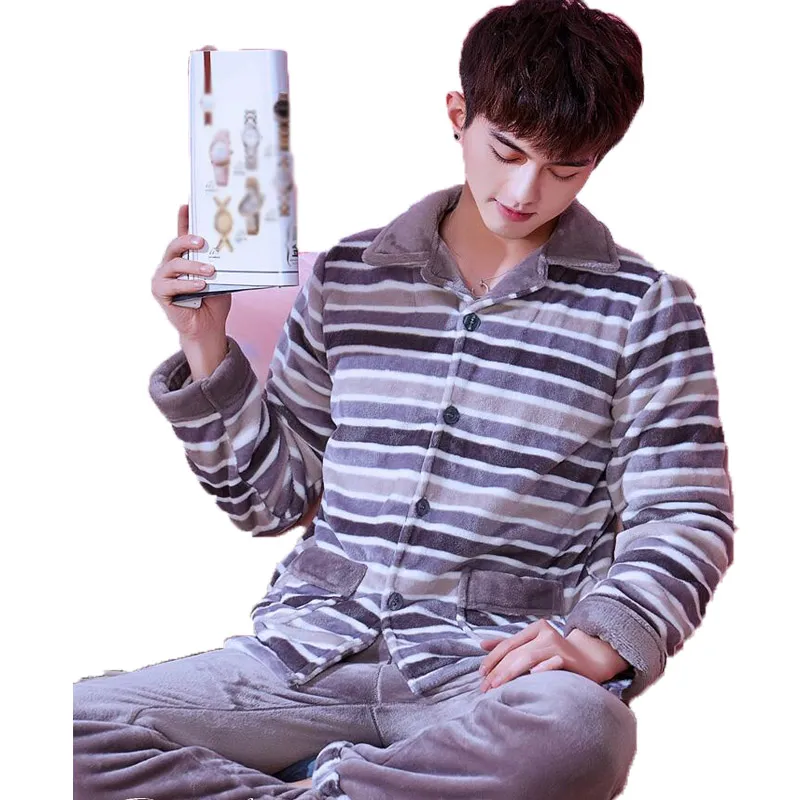 Winter Men Pyjama Set Tops and Pant Tracksuit 2 Piece Men Sleepwear Cute Cartoon Hooded Pajamas For Coral Velvet Home Wear