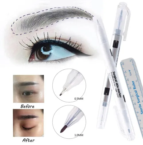 2 pcs/set Skin Marker Eyebrow Marker Pen Tattoo Skin Marker Pen With Measuring Ruler Microblading Positioning Tool
