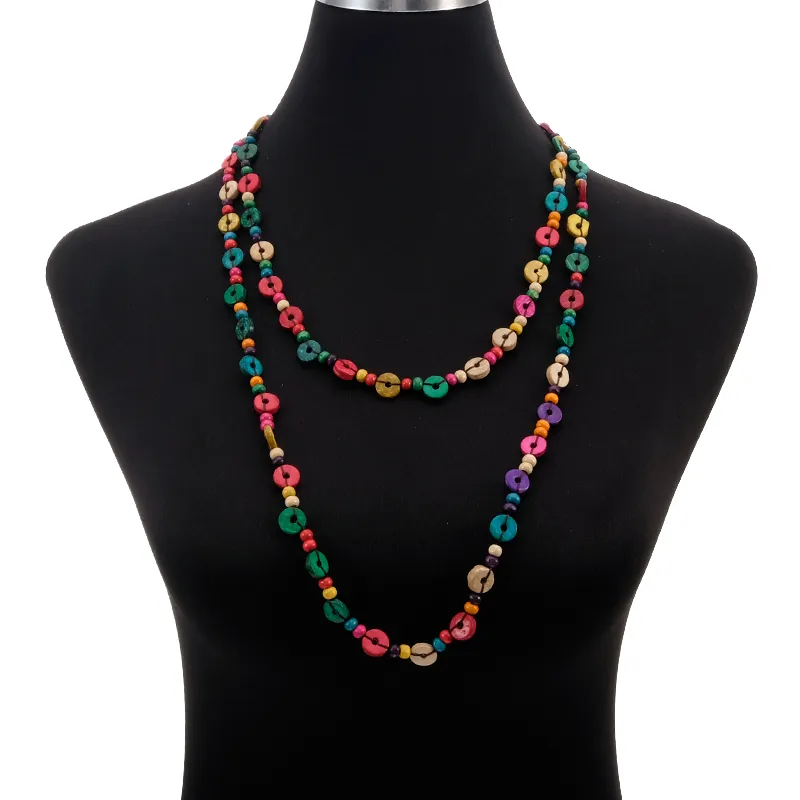 BeUrSelf Multicolore Long Collier de Perles pour Femmes Noix de Coco Bohème Tricot Fait Main Ronde Bois Perle Ethnique Collier Bijoux