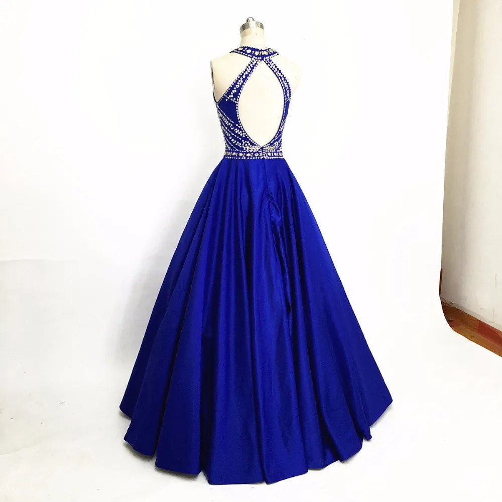 slim fit dress slacks A-Line Halter Royal Blue Long Prom Dresses With Beading,RBPD0037 –  RomanBridal main image 1