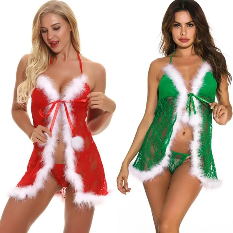 Women Red Green Christmas Holiday Festive Backless Floral Lace & Mesh Babydoll Chemise Lingerie with White Fuzzy Trim and A Panty Sleepwear