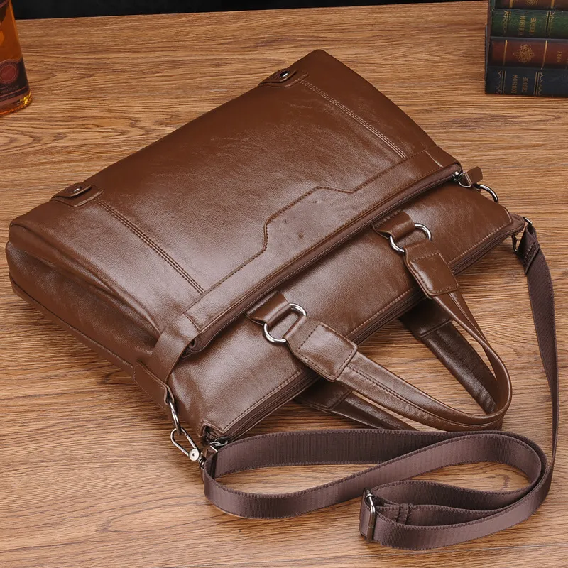 Men Briefcases Leather Handbags Computer Laptop Bag Vintage Laptop Briefcase Male Computer Shoulder Bags Waterproof Office Portable Bag