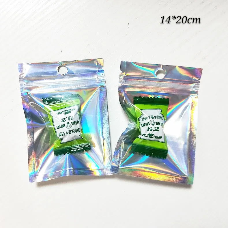 14 * 20cm 100pcs 홀로그램 지퍼 잠금 플랫 바닥 패키지 가방 선물 행거 구멍, 무지개 팩 파우치가있는 다채로운 전화 액세서리 패키지 가방