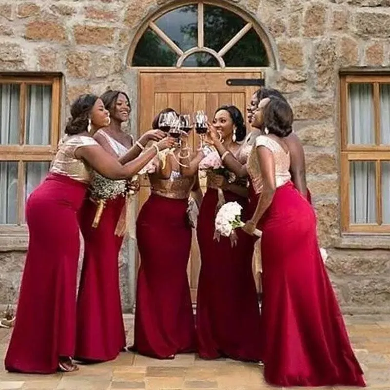 Goedkope Mermaid Bridesmaids Jurken 2019 Sexy Gouden Lovertjes Top Bourgondië Satijn Mouwloze Vloerlengte Plus Size Custom Wedding Guest-gasten