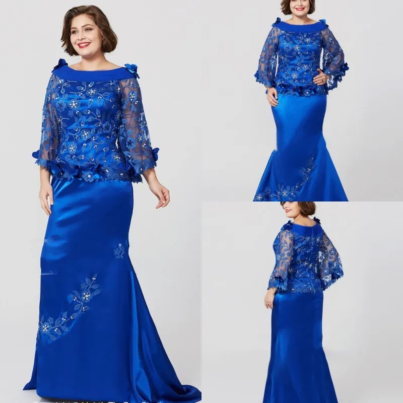 Royal Blue Suknie Wieczorowe Koronkowe Aplikacje Koraliki Scoop Neck Satin Mermaid Prom Dress Custom Made Plus Size Matka panny młodej Sukienka