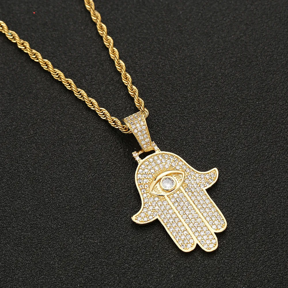 Pendentif main Hamsa en Zircon glacé, en cuivre, or, argent, collier de paume de Fatima, bijoux Hip Hop pour hommes et femmes, 280H