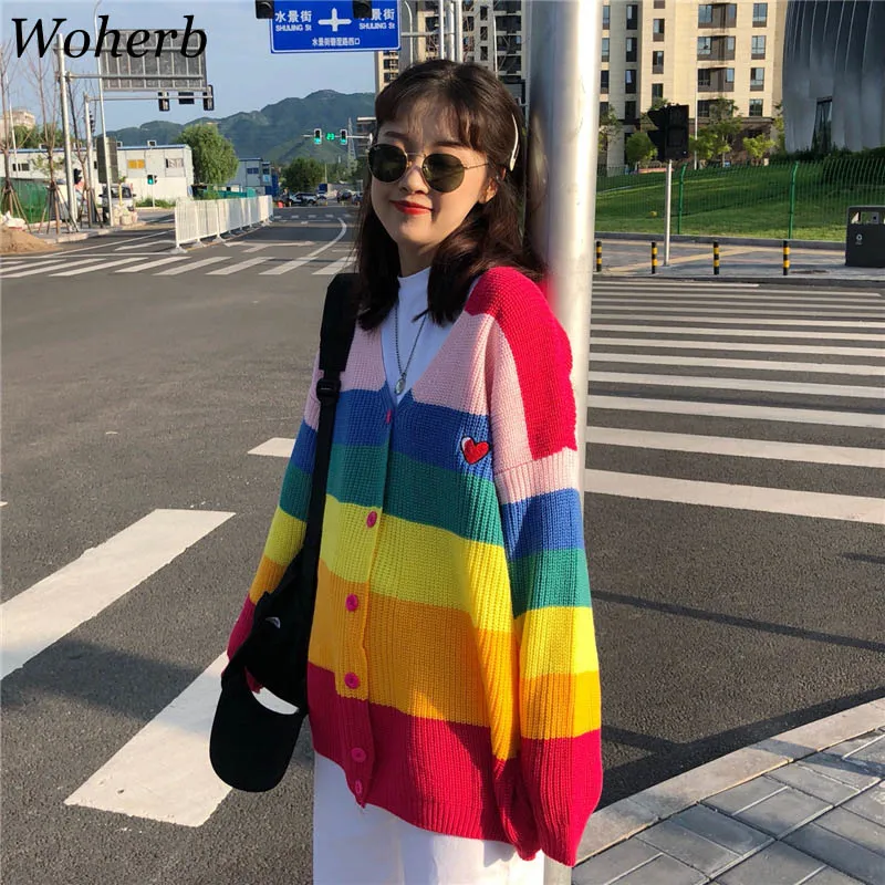 Woherb Primavera 2019 Harajuku Rainbow Cardigan Mulheres Solto Camisola Casaco Feminino Blusas Oversized Carta Bordado Jumper 20155 S19802