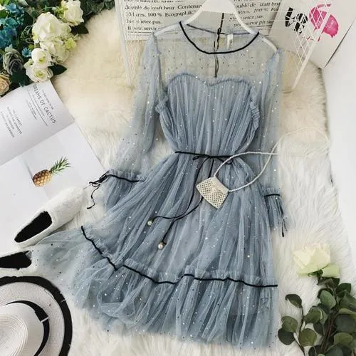 Starry Mesh Puff Dress Gauzy Summer O Neck Princess Dress From Landong03 20.83 DHgate.Com