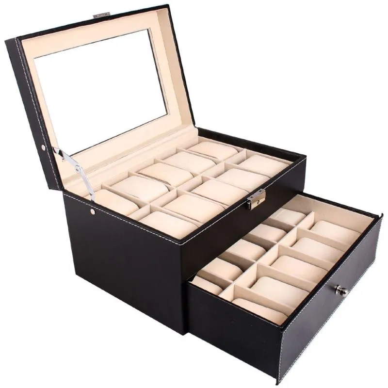 20 grilles PU cuir montre boîte étui professionnel support organisateur pour horloge montres bijoux boîtes de rangement étui Display1219B