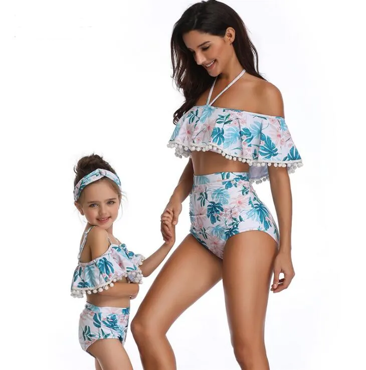 Novo desgaste de natação! 2019 novas senhoras swimwear impressão de flores biquíni cintura alta pai-filho maiô frete grátis