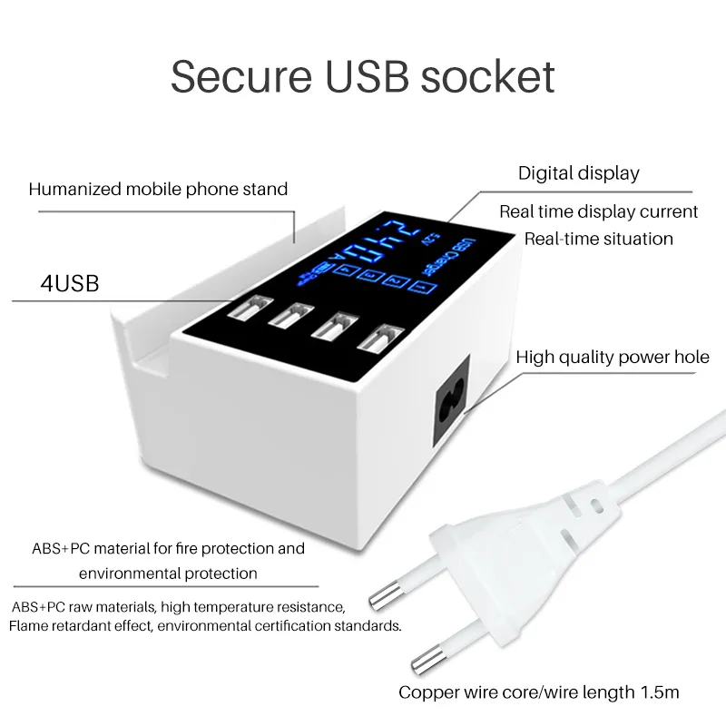 4-Port USB Multi-Port Mobiltelefon Laddare Flat Smart LED Display Laddare Ström Adapter Row Plug CDA26 för: iPhone Samsung Huawei Gratis Shippi