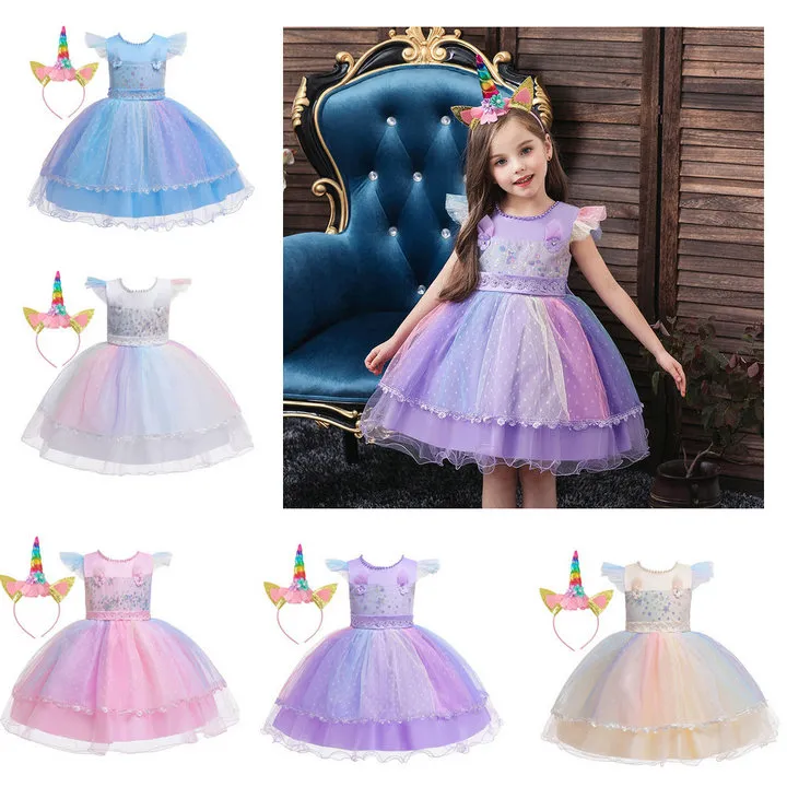 Cosplay unicórnio meninas vestido bonito dos desenhos animados verão malha princesa  vestido festa de aniversário 2