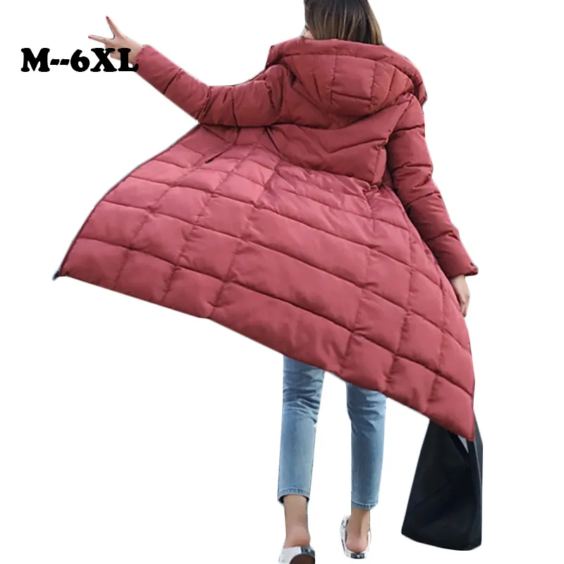 2019 플러스 사이즈 4XL 5XL 6XL 겨울 자켓 여성 두꺼운 두꺼운 자켓 여성 두건 코트 긴 따뜻한 캐주얼 스노우 outwear