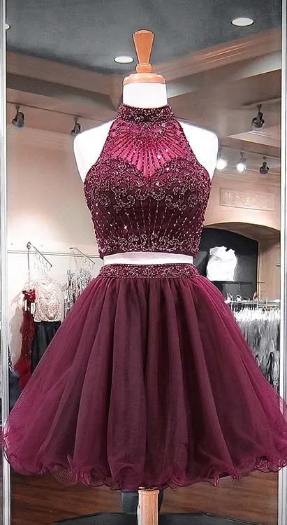 burgundy 2 Piece Short Prom Dresses High Neck Beading Crystal Piping Tulle Mini Homecoming Cheap Dress Girls Junior Party Formal Dress New