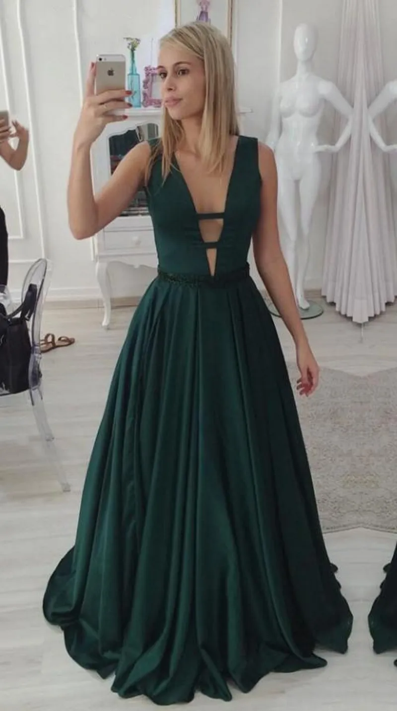 Sexy Deep V Neck Dark Green Prom Dresses Backless Long Satin Party Gowns With Beaded Waistline Vestidos De Fiesta HY4049