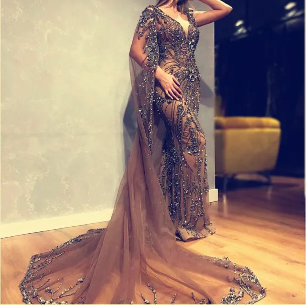 Robe de soirée Youself aljasmi Larourjoisie Maxi Robes Ras du cou Fourreau Colonne Etage Longueur Sans Manches Fermeture Éclair Transparent Strass Paillettes