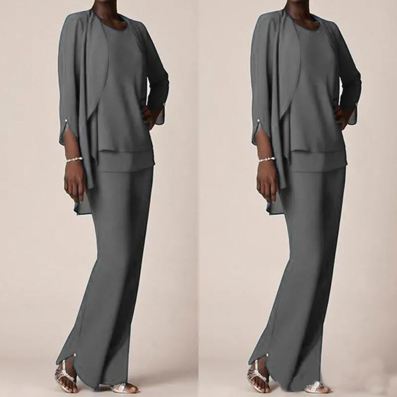 Grey Chiffon Formal Pant Suits For Mother Groom Dresses Evening Wear ...