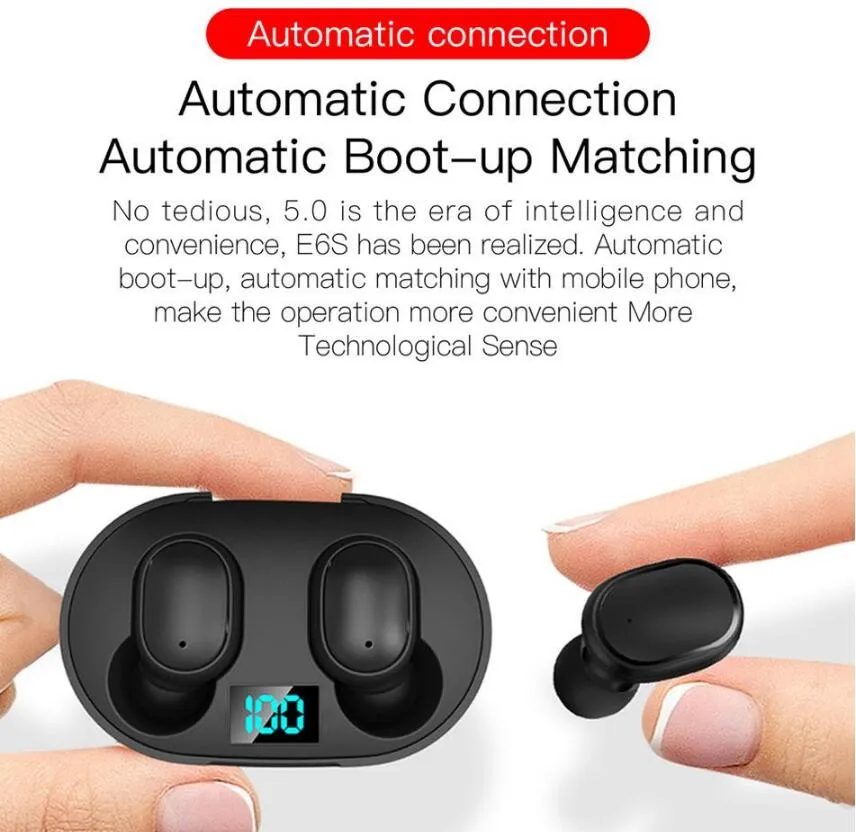 Mini TWS E6S Bluetooth 5.0 Earphones For iPhone Android Devices Wireless Stereo In-Ear Sports Earbuds with LED Digital Charging Box 2020