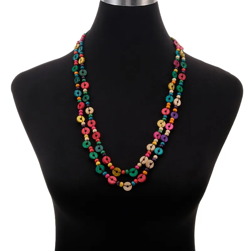 BeUrSelf Multicolore Long Collier de Perles pour Femmes Noix de Coco Bohème Tricot Fait Main Ronde Bois Perle Ethnique Collier Bijoux