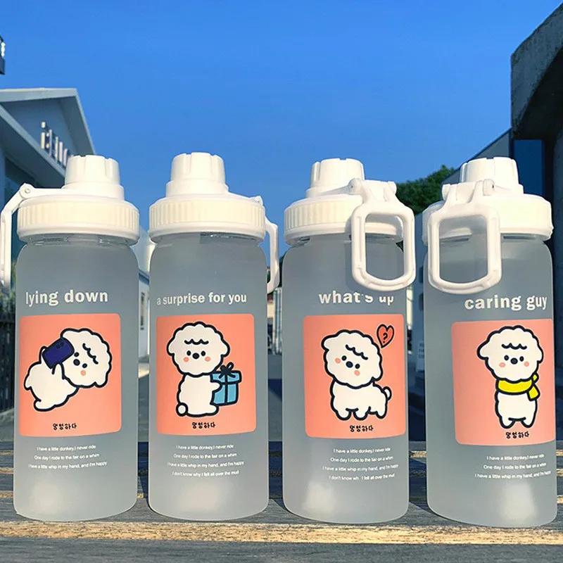 Botella de agua de vidrio esmerilado Botellas de vidrio de agua impresas de ovejas de dibujos animados Botellas de agua de verano selladas a prueba de fugas 500ml