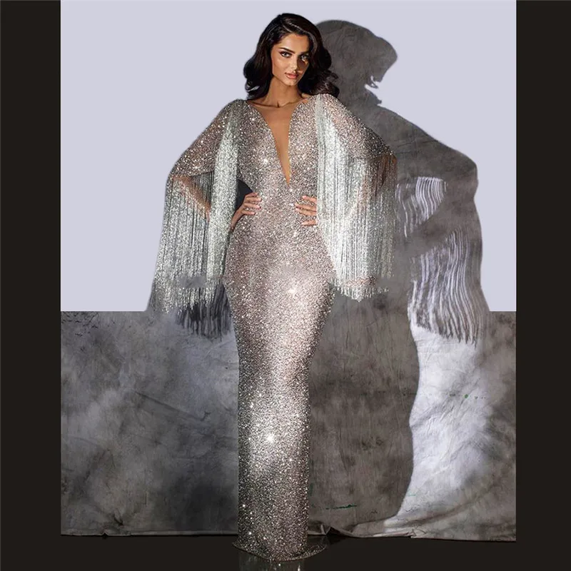 Püskül Boncuklu Abiye Gümüş Glitter Pullarda Yarışması Parti Önlük 2019 Robe De Soiree Arapça Dubai Türk Uzun Abiye