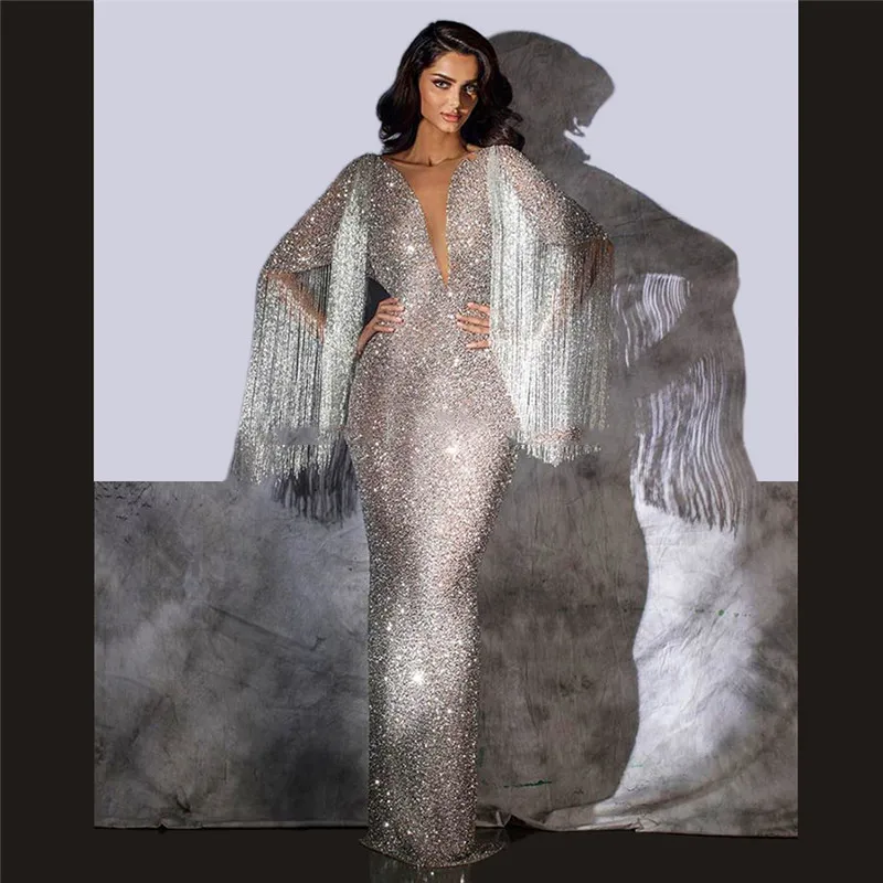 Gland Perlé Robes De Soirée Argent Paillettes Paillettes Pageant Robe De Soirée 2019 Robe De Soirée Arabe Dubaï Turc Longue Robe De Bal