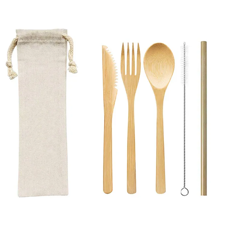 Bambu bestick set kniv gaffel sked rese kit engång 100% nedbrytbar miljövänlig återanvändbar för picknick