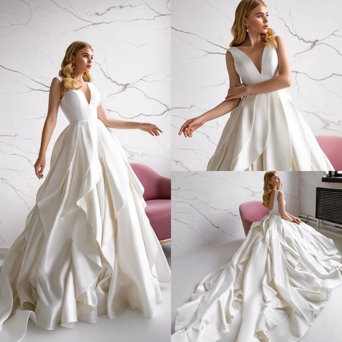 New Sexy Eva Lendel A Line Wedding Dresses Deep V Neck Ruffles