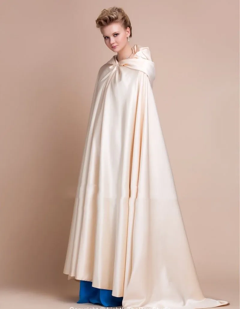 2019 Long Bridal Champagne Cloak z kapturem satynowy przyjęcie weselne Cape Wrap plus size271z