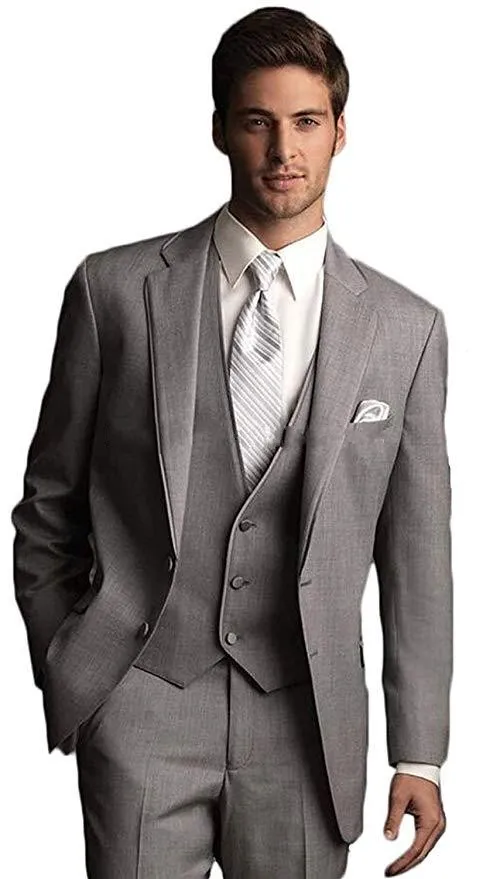 Tuxedos de marié gris, revers cranté, smoking de mariage, populaire pour hommes, dîner d'affaires formel, costume 3 pièces (veste + pantalon + cravate + gilet) 1308