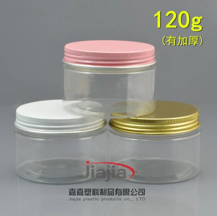 Kostenloser Versand: 120 g transparentes PET-Vorratsglas, 120 ml luftdichter PET-Lebensmittelbehälter aus Kunststoff mit goldfarbener/weißer/rosafarbener Aluminiumkappe,