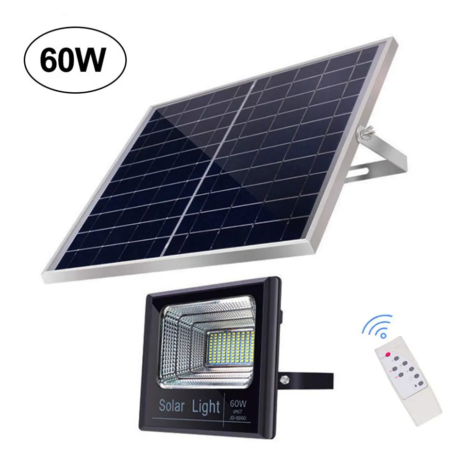 60W Outdoor Beveiligingsverlichting Waterdichte IP65 Zonne-energie LED Flood Light met aan / uit Afstandsbediening voor tuin, tuin, zwembad, pad, dek