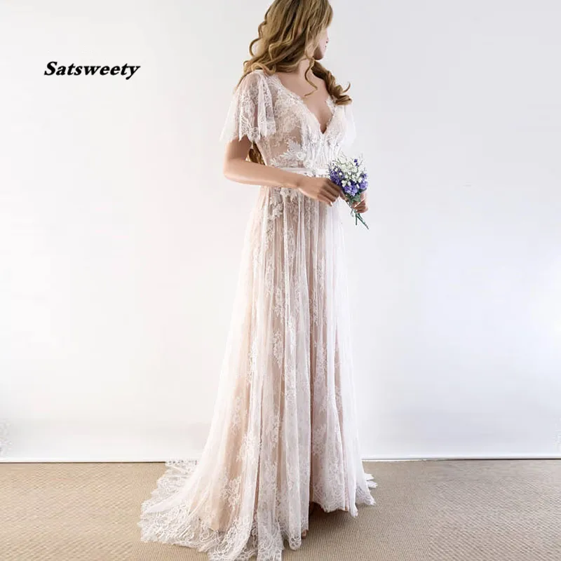 Robe de mariée Boho, col en V, manches cape, en dentelle, robe de plage, dos nu, sur mesure, ligne a