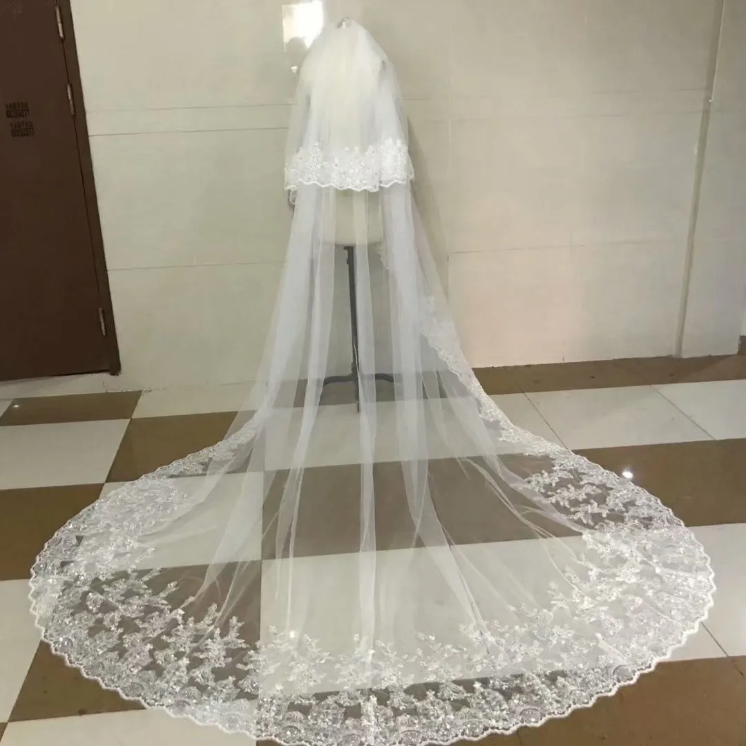 100% imagem real casamento véus nupciais duas camadas branco marfim luxo lace applique frisado longo véu com pente