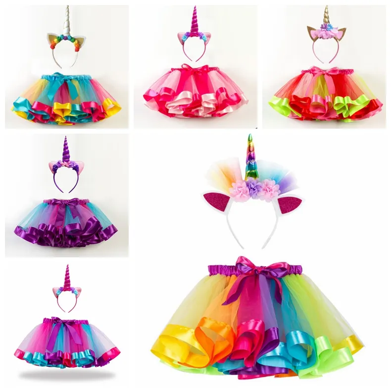 Tutu Etek Kızlar Gökkuşağı pettiskirt Unicorn Kafa 2PCS Tül Tutu Dans Etekler Yaz Çocuk Giyim Setleri 11 Opsiyonel DHW2295 Tasarımları