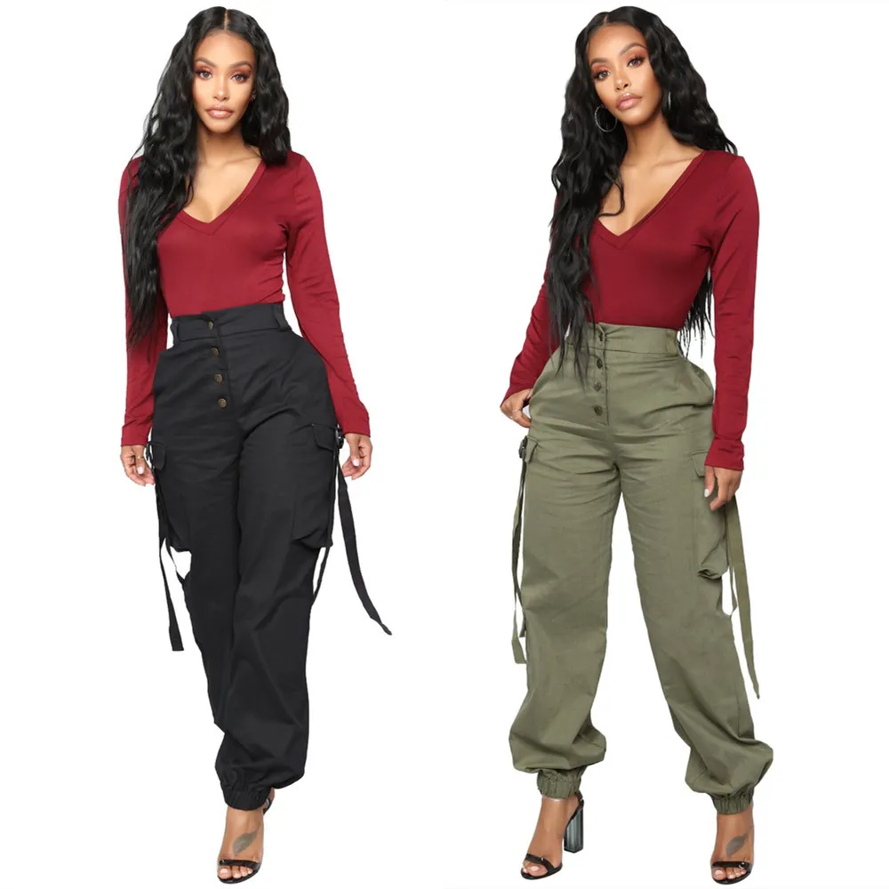 Safari Style Casual Solid Long Pants Women Button Up Side Pockets