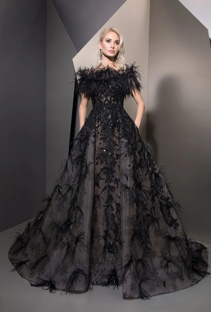 Ziad Nakad Upscale Black Evening Dresses Off Shoulder Feather