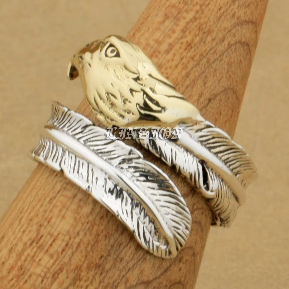 Hurtownia-25 Sterling Silver Feather Brass Eagle Fashion Pierścień 9T023 Darmowy rozmiar US 6 do 9