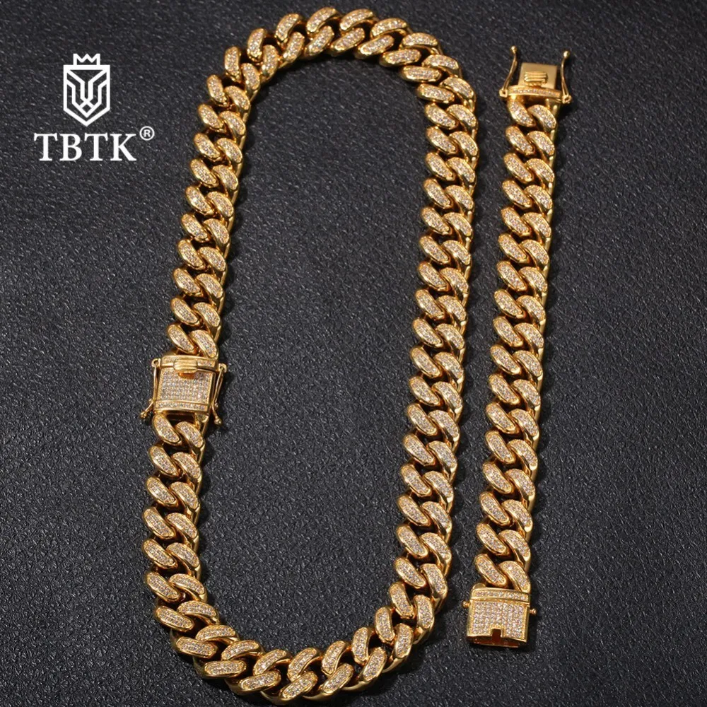 TBTK Rostfritt stål Mens smycken Set 20mm Miami Cuban Link Chain Necklace/Armband Full Iced Out Cubic Zirconia NE+BA SETS