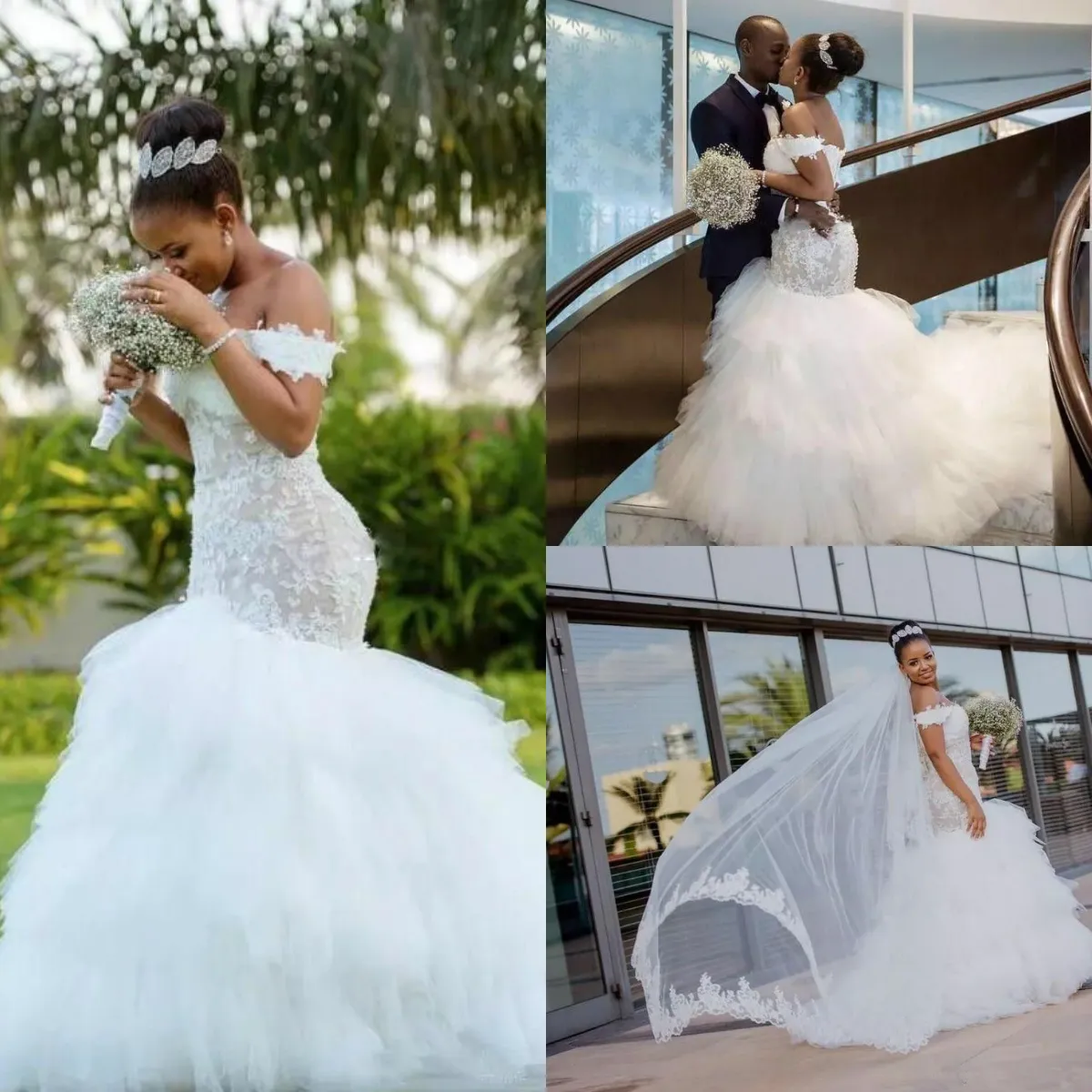 2019 Afrikanska sjöjungfru bröllopsklänningar från axelspetsen Appliques Ruffles Plus Size Bridal Gowns Beach Country Vestido de Novia