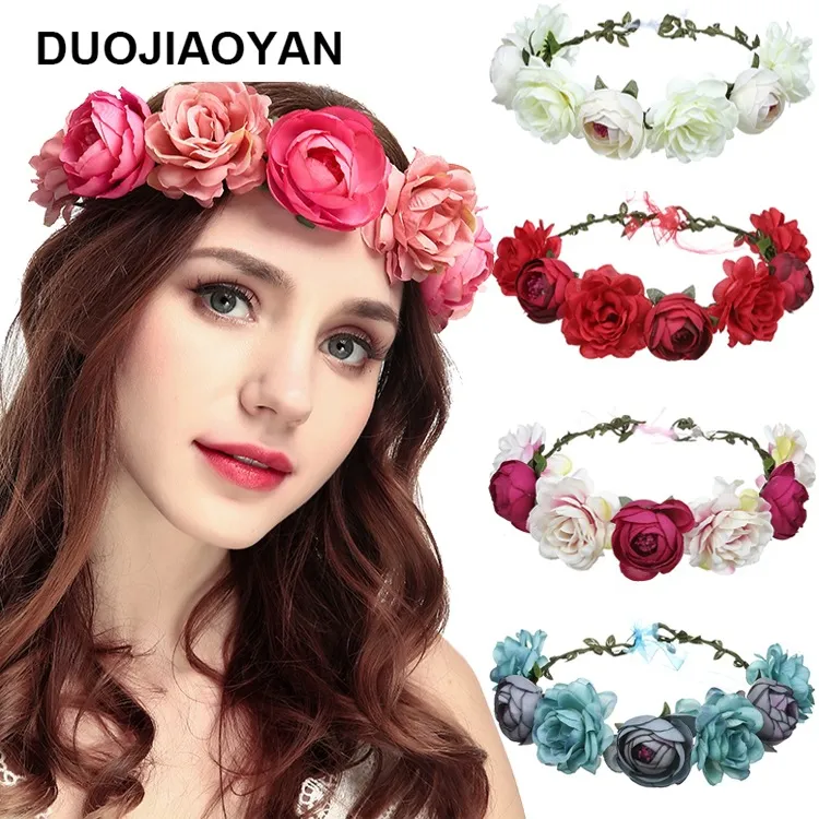 Nieuwe mode vrouwen bruiloft elegante slingers rose bloem krans kroon hoofdband strand floral fotografie rekwisieten haarband accessoires