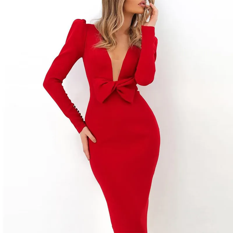 Sexy Women Bodycon Midi Dress Long Puff Sleeve Deep V Neck Bow Pencil Dresses Buttons Skinny Elegant Dress for Office Ladies