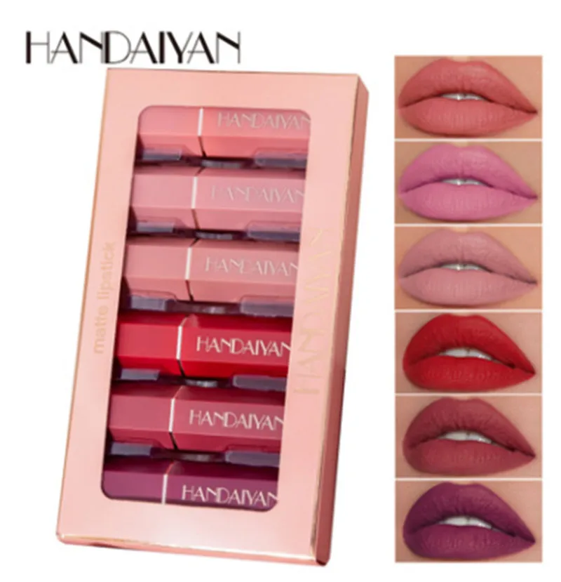 Dropshipping Handaiyan Matte Lipstick Set Box Makeup ofrece un hermoso color ligero 6 piezas lápiz labial ePacked