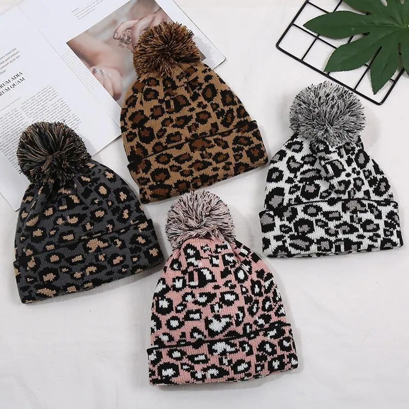 INS Fashions Leopard Women Beanies Knitted Confetti Ball Top Caps Adults Quality Leopard Hats Wholesale
