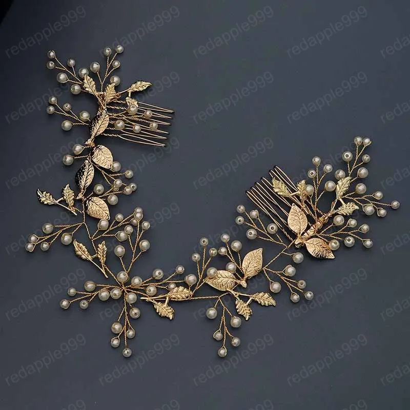 Luxury Handmade Gold Color Imitation Pearl Beads Hair Combs Leaf Headband Hair Pin for Women Wedding Hair Jewelry Accessories